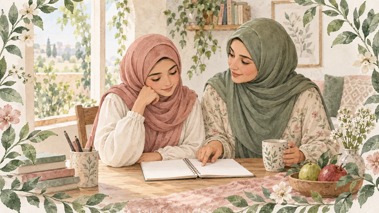 رسم مائي لمراهقة محجبة ووالدتها تراجعان دفتر أسئلة في جلسة منزلية هادئة