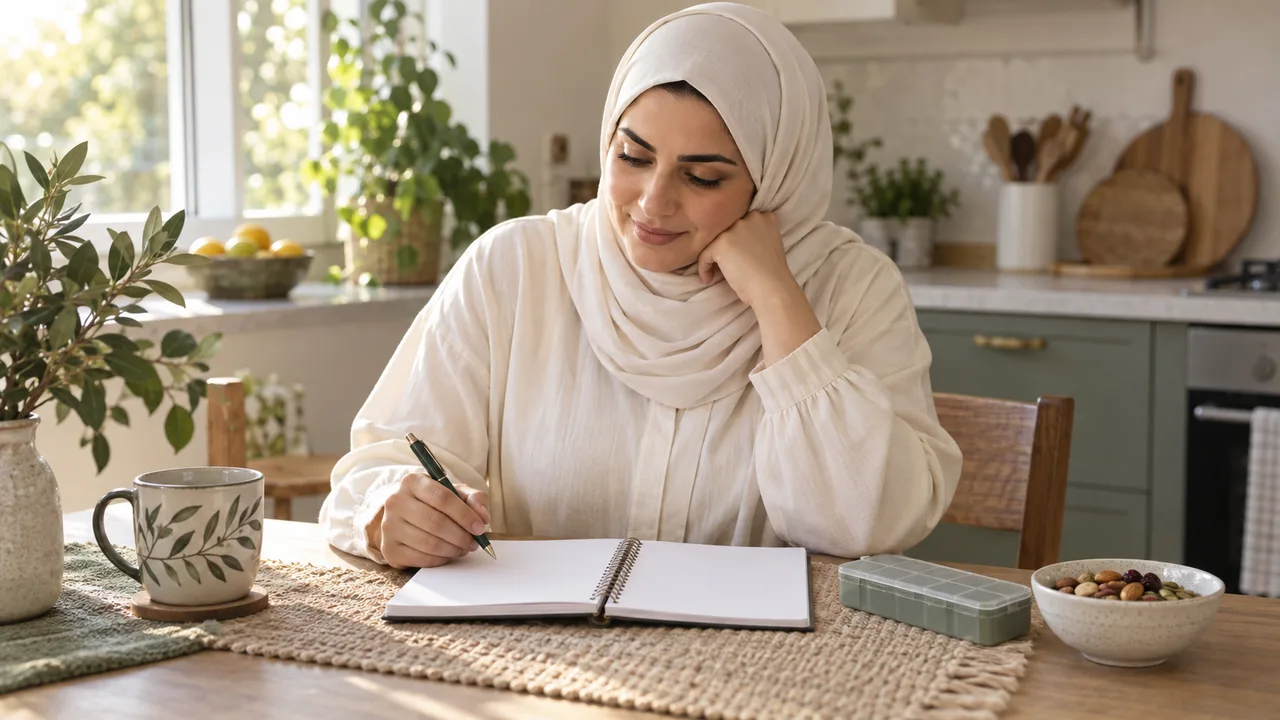امرأة محجبة تدوّن أسئلة متابعة بجوار علبة تنظيم أدوية مغلقة في مطبخ هادئ
