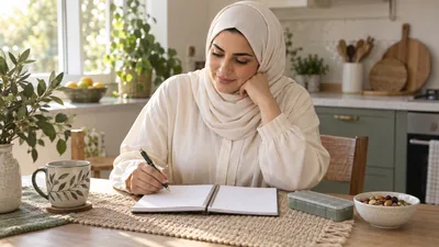 امرأة محجبة تدوّن أسئلة متابعة بجوار علبة تنظيم أدوية مغلقة في مطبخ هادئ