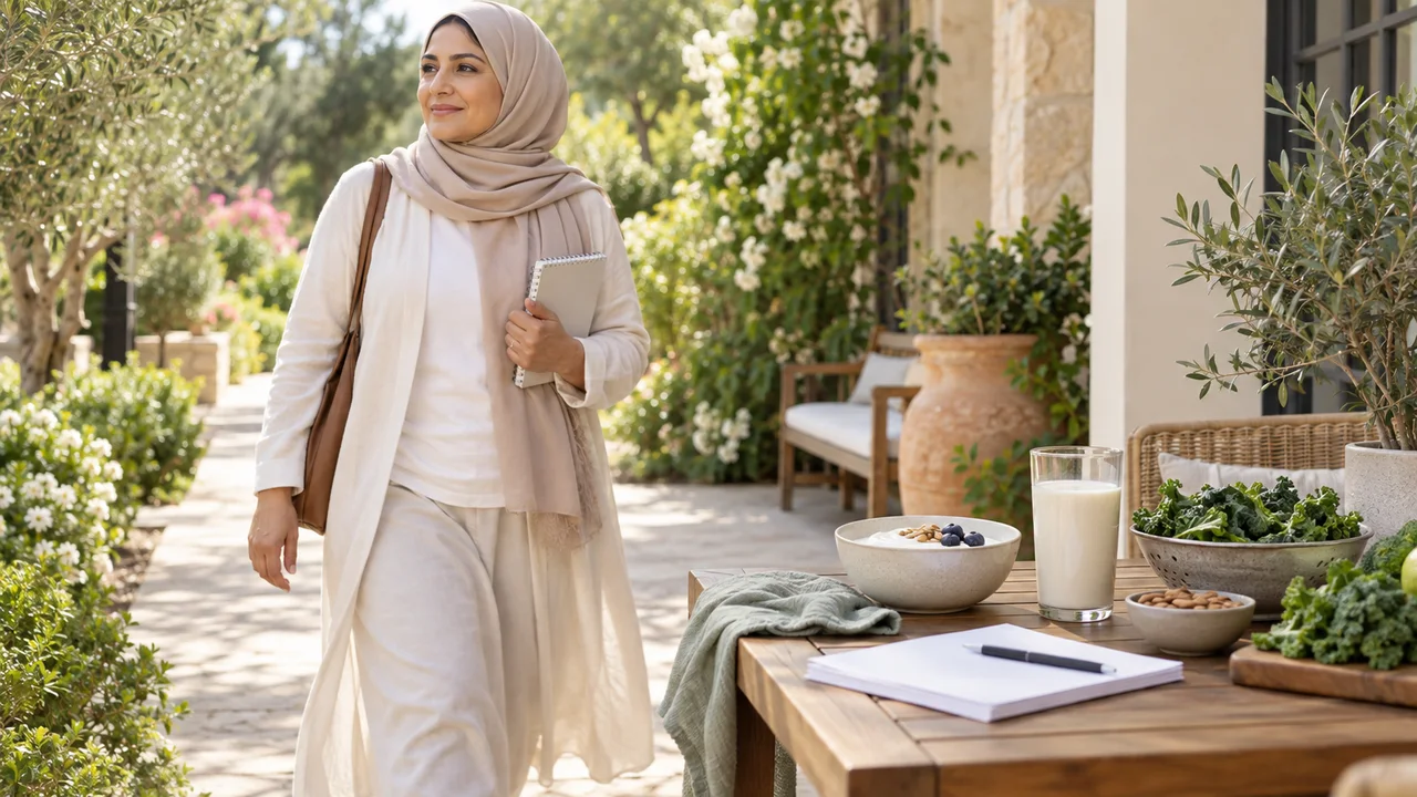 امرأة عربية محجبة في منتصف العمر تمشي في حديقة بجوار دفتر وأطعمة تحتوي مصادر متنوعة لدعم صحة العظام