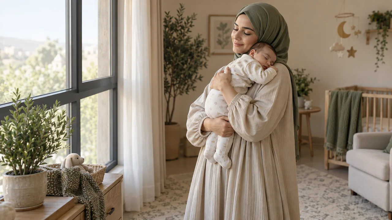 أم بملابس طويلة محتشمة تحمل رضيعها المكسو بالكامل قرب نافذة