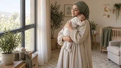 أم بملابس طويلة محتشمة تحمل رضيعها المكسو بالكامل قرب نافذة