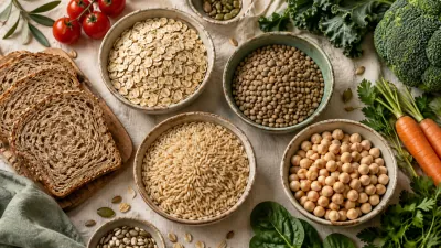 أوعية شوفان وعدس وأرز وحمص وخبز توضح تنوع مصادر الكربوهيدرات