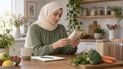امرأة محجبة تقرأ مكونات عبوة غذائية بجانب دفتر في مطبخ منزلي هادئ