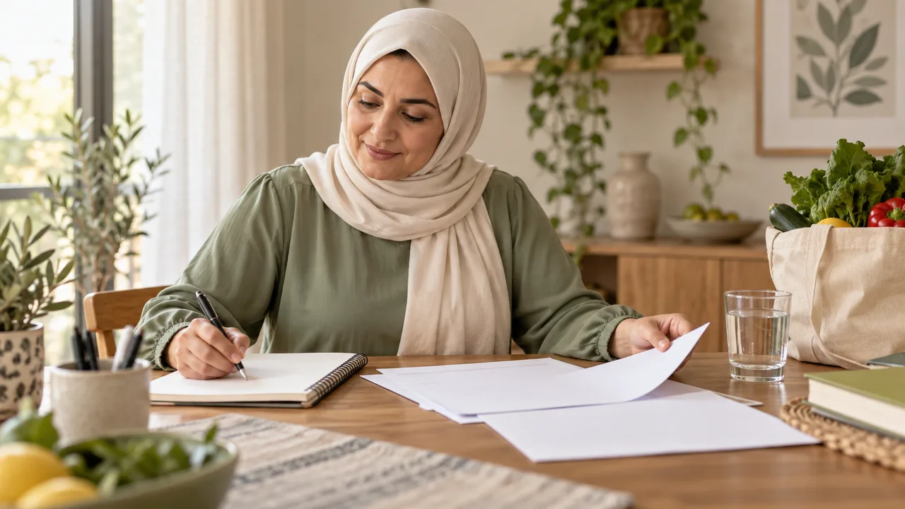 امرأة محجبة ترتب تقارير ودفتر أسئلة في منزل هادئ استعداداً لمناقشة التغذية