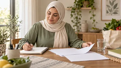امرأة محجبة ترتب تقارير ودفتر أسئلة في منزل هادئ استعداداً لمناقشة التغذية