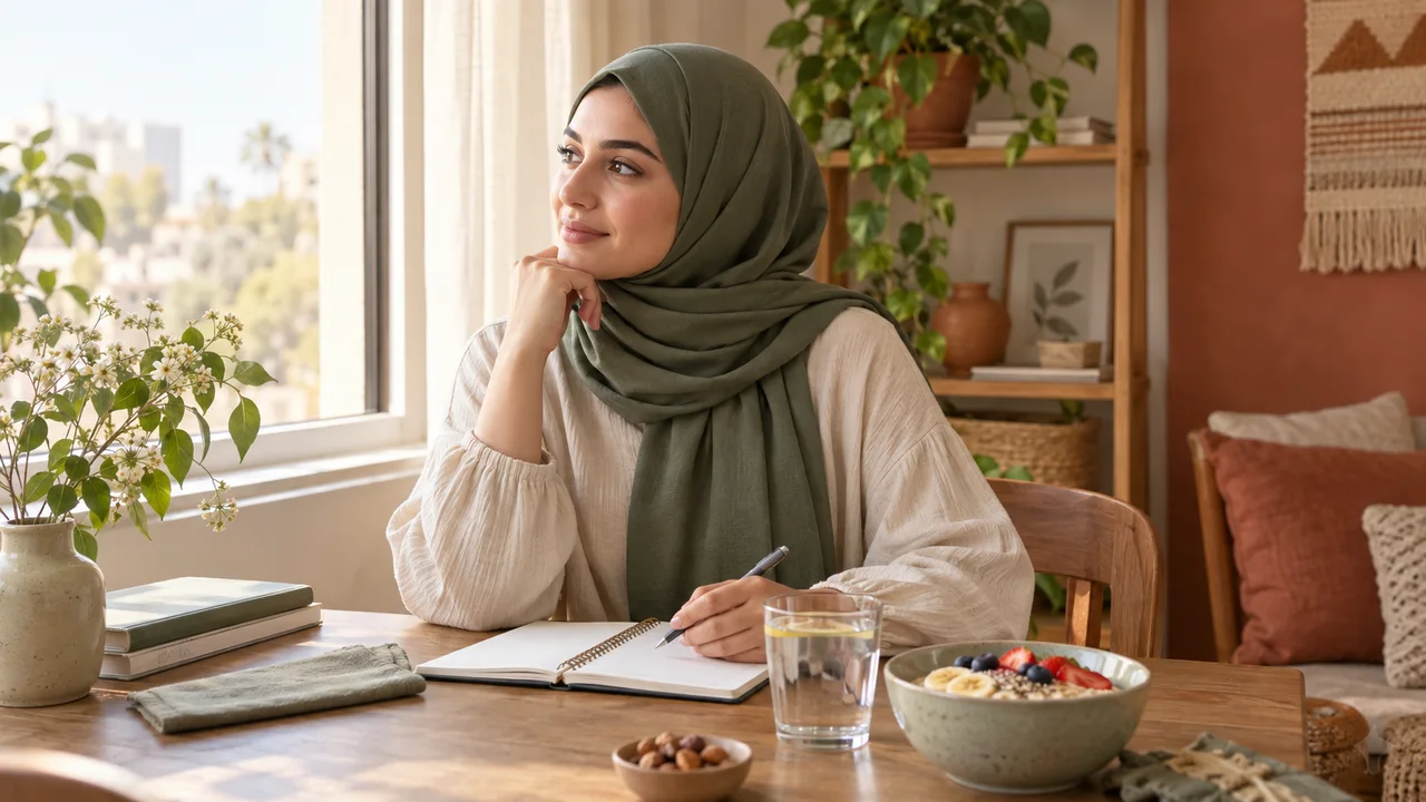 امرأة عربية محجبة بملابس محتشمة تجلس قرب نافذة وتدوّن روتينها بجوار ماء وشوفان وفاكهة
