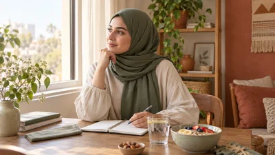 امرأة عربية محجبة بملابس محتشمة تجلس قرب نافذة وتدوّن روتينها بجوار ماء وشوفان وفاكهة