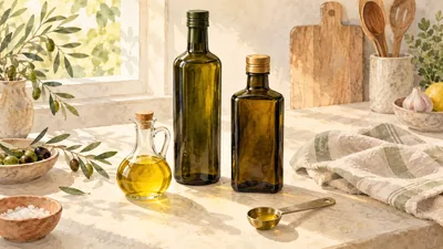 رسم مائي لعبوات زيت غير موسومة وملعقة قياس وقطعة قماش وأغصان زيتون في مطبخ هادئ