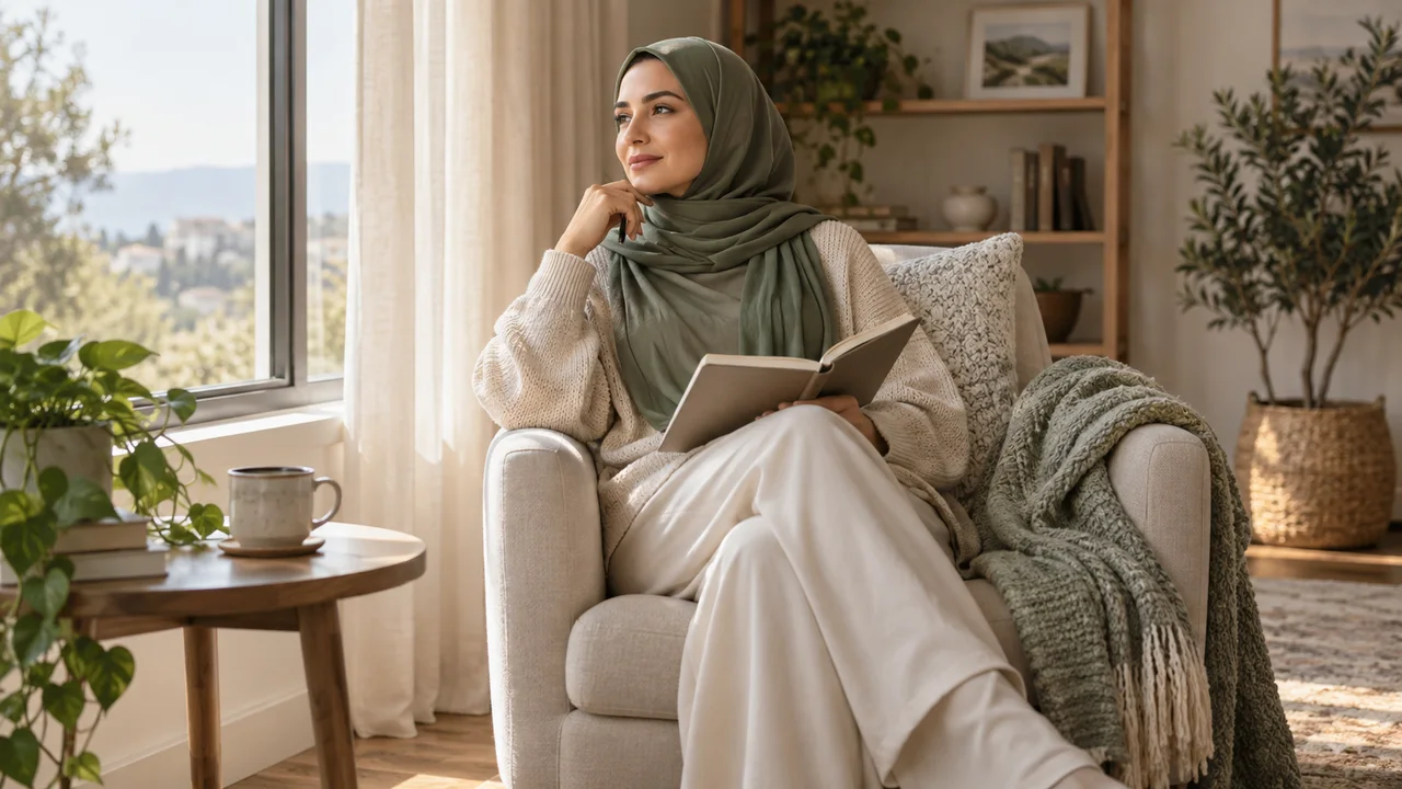امرأة تجلس قرب نافذة مع دفتر على حجرها في لحظة هادئة للتأمل