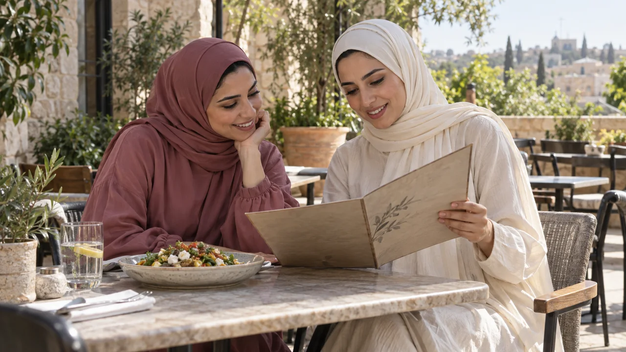 صديقتان بملابس محتشمة تقرآن قائمة طعام معاً على طاولة مقهى مضاءة طبيعياً