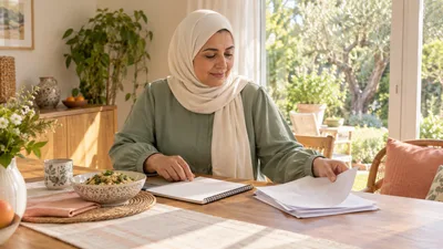 امرأة بملابس محتشمة ترتب دفترها وأوراقها قرب نافذة منزلية استعداداً لمناقشة التغذية