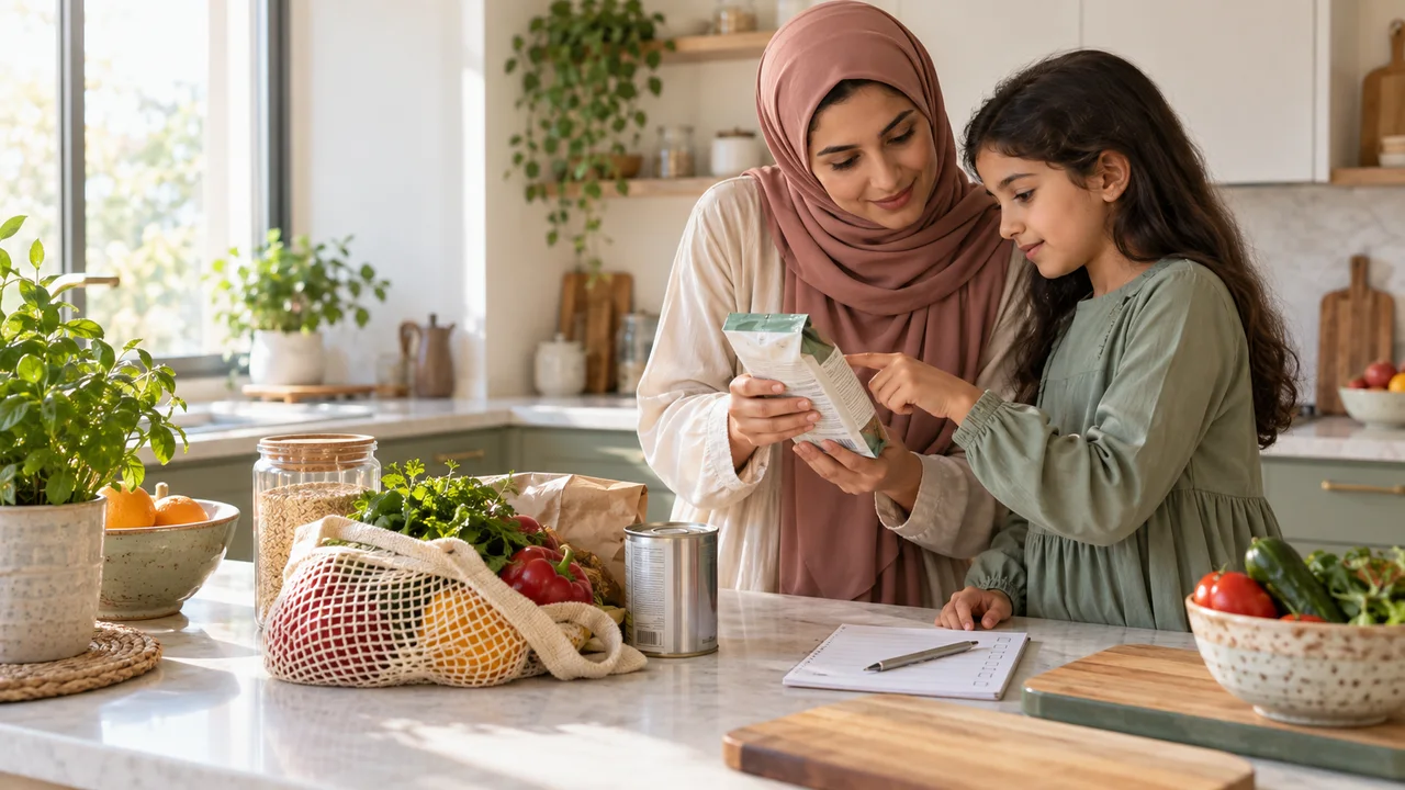 أم عربية محجبة وابنتها بملابس محتشمة تقرآن ملصق عبوة غذائية معاً في مطبخ هادئ