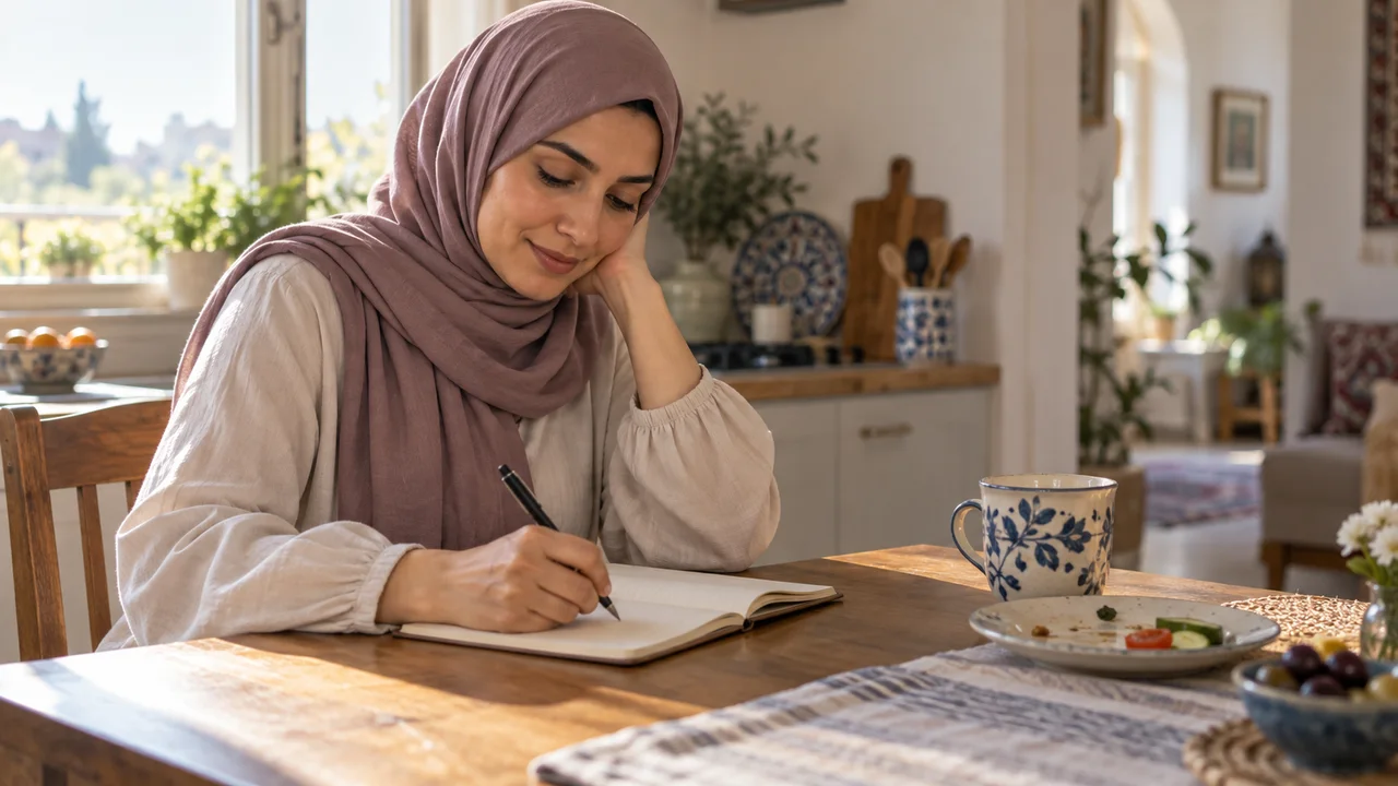 امرأة محجبة تكتب ملاحظات يومها في دفتر على طاولة مطبخ هادئة بعد وجبة