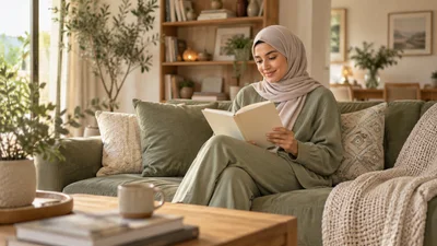 امرأة تجلس على أريكة مع دفتر وتبتسم في أجواء منزلية هادئة
