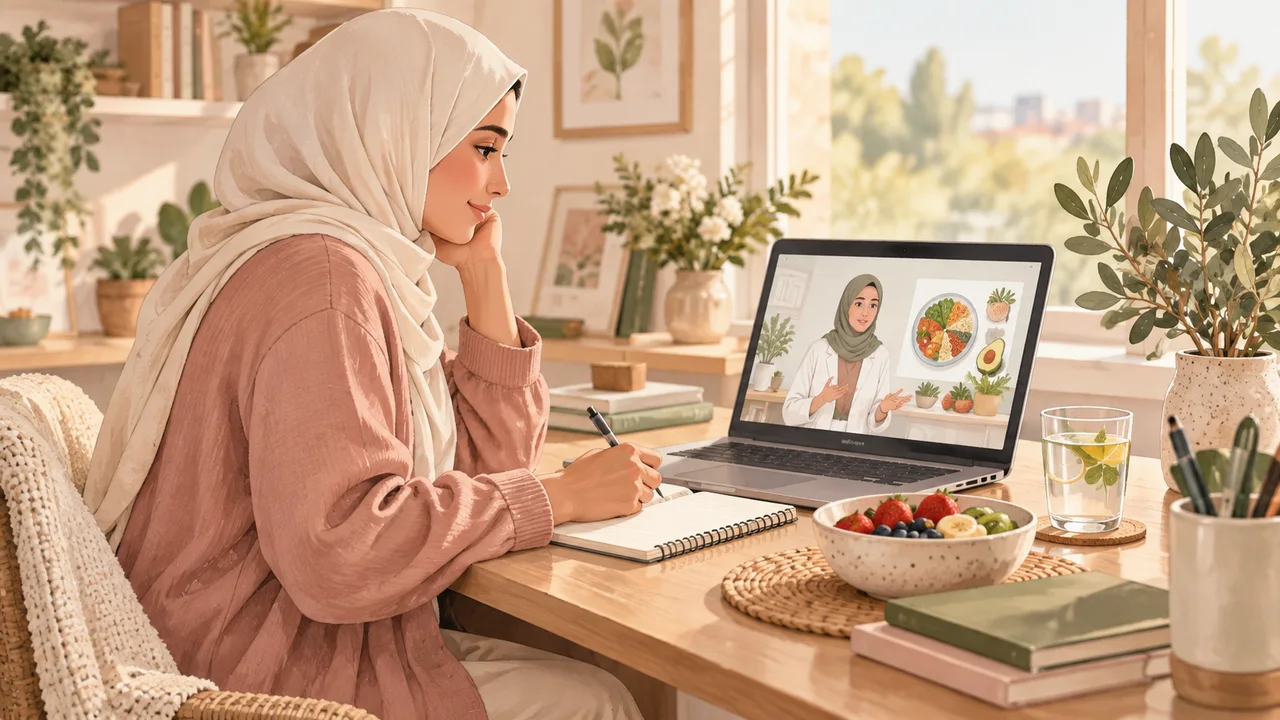 رسم مائي لامرأة عربية محجبة بملابس محتشمة تتابع درس تغذية عام على حاسوب وتدوّن ملاحظات