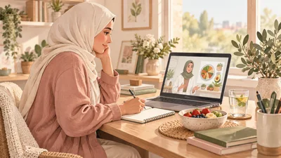 رسم مائي لامرأة عربية محجبة بملابس محتشمة تتابع درس تغذية عام على حاسوب وتدوّن ملاحظات