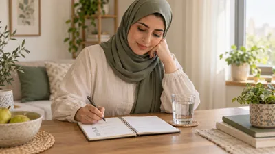 امرأة محجبة تسجل أعراضها وأسئلتها في دفتر على طاولة منزلية هادئة بجوار كوب ماء