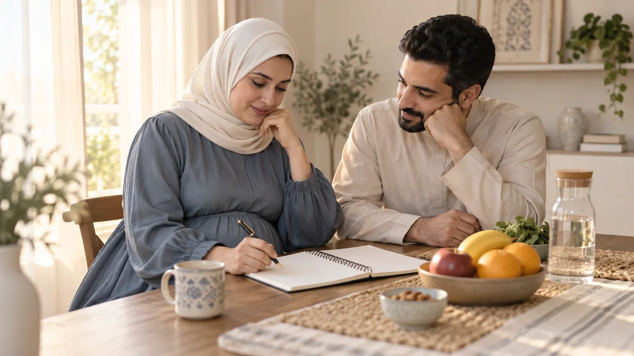 امرأة حامل محجبة وشريكها يراجعان دفتر ملاحظات معاً على طاولة في المنزل