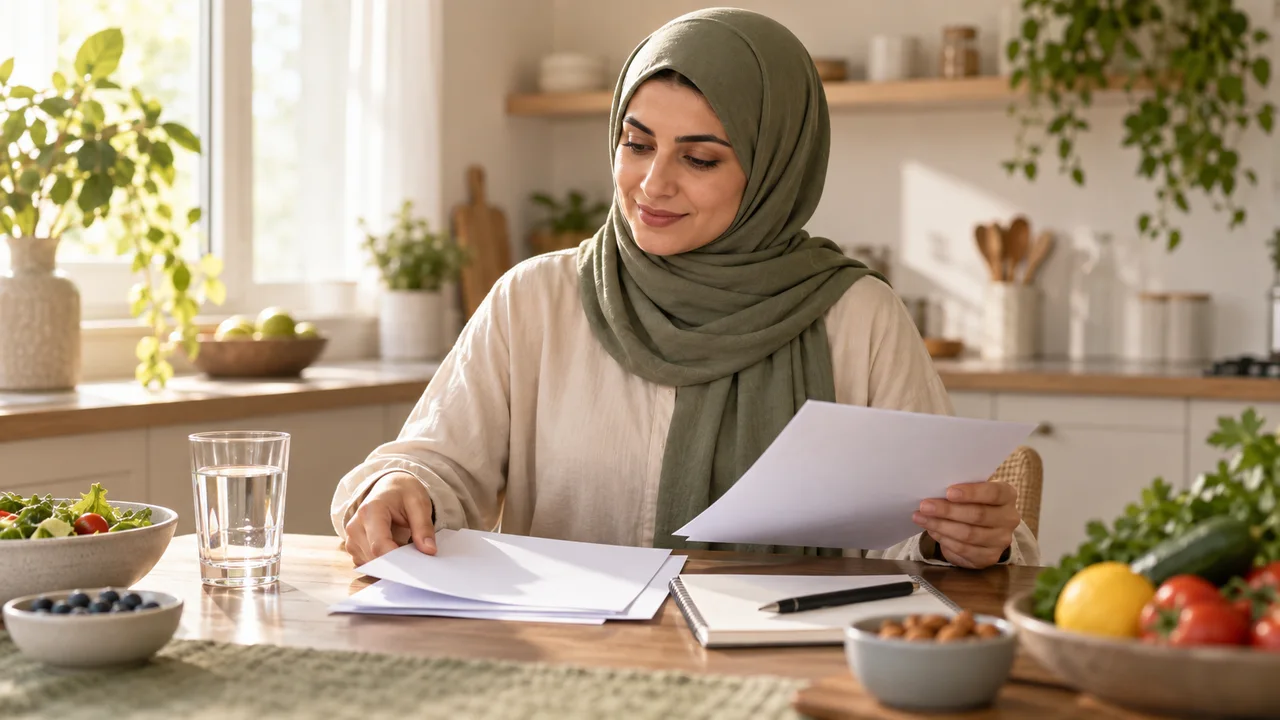 امرأة عربية محجبة بملابس محتشمة ترتب تقارير طبية فارغة ودفتر ملاحظات بجوار ماء وطعام متوازن