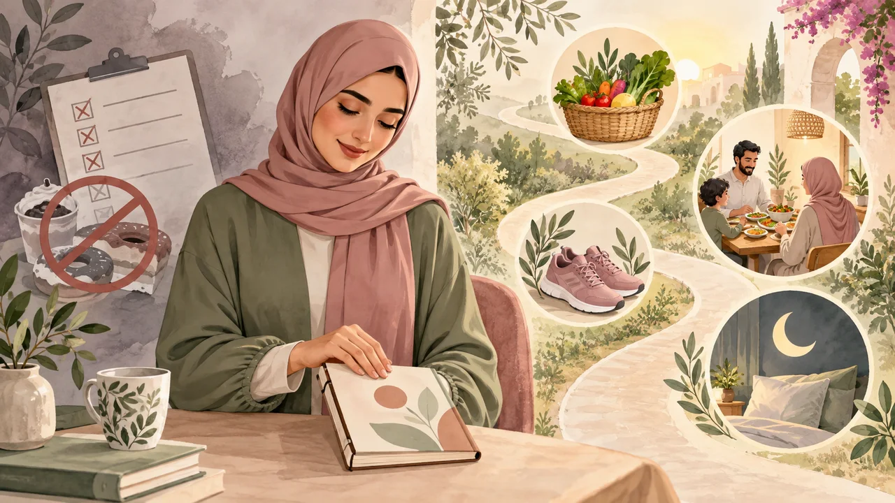 رسم مائي لامرأة عربية محجبة تنتقل من قائمة منع إلى طريق مرن يجمع التسوق والأسرة والمشي والنوم