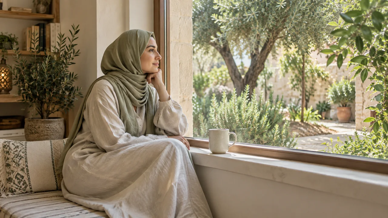 امرأة بملابس محتشمة تنظر بهدوء من نافذة تطل على أشجار