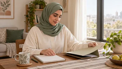 امرأة محجبة ترتب ملفاً ودفتر ملاحظات قرب نافذة في منزل هادئ