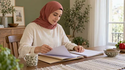 امرأة محجبة ترتب ملف تقارير ودفتر أسئلة على طاولة قرب النافذة
