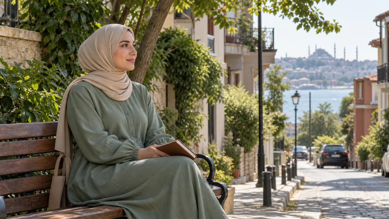 امرأة بملابس محتشمة تحمل دفتراً وتجلس على مقعد في مشهد هادئ مستوحى من إسطنبول