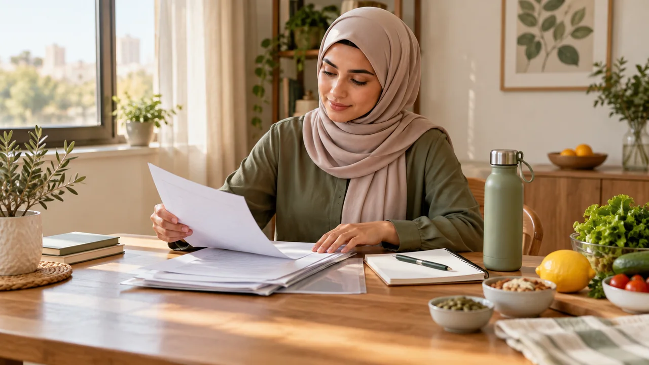 امرأة عربية محجبة ترتب تقارير فارغة ودفتر ملاحظات بجوار زجاجة ماء ومكونات غذائية بسيطة