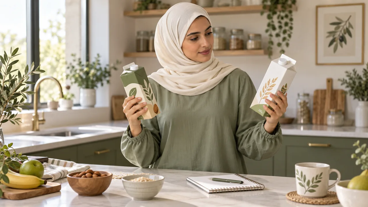 امرأة محجبة تقارن عبوتين توضيحيتين لبدائل الحليب في مطبخ هادئ