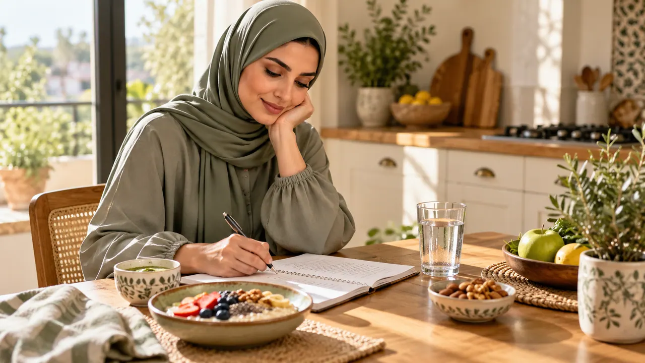 امرأة محجبة تراجع دفتر وجباتها بهدوء على طاولة مطبخ بجوار وجبة وكوب ماء
