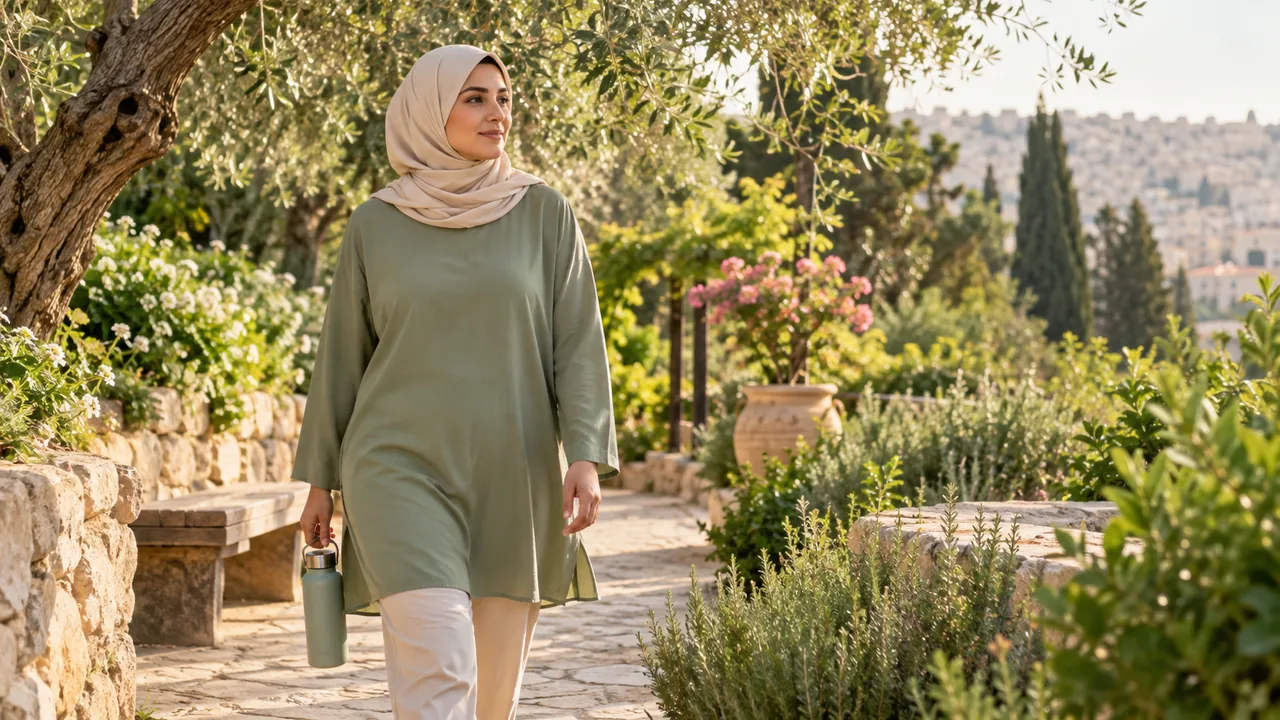 امرأة محجبة بملابس خضراء محتشمة تمشي في حديقة هادئة وتحمل زجاجة ماء