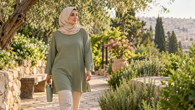 امرأة محجبة بملابس خضراء محتشمة تمشي في حديقة هادئة وتحمل زجاجة ماء