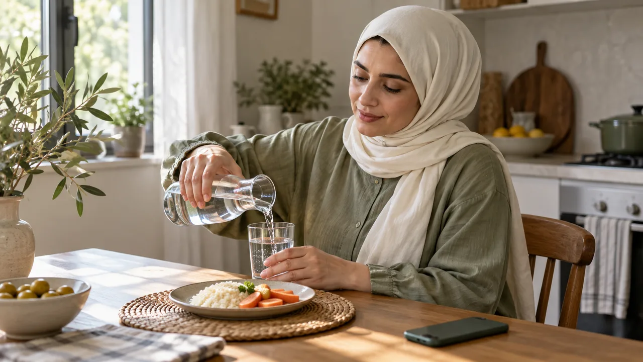 امرأة محجبة بملابس محتشمة تسكب الماء في كوب بجانب وجبة صغيرة في مطبخ هادئ