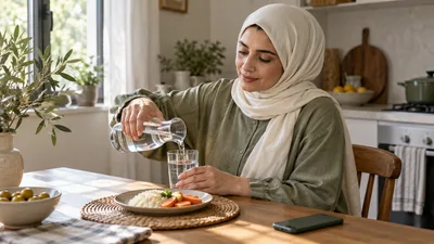 امرأة محجبة بملابس محتشمة تسكب الماء في كوب بجانب وجبة صغيرة في مطبخ هادئ