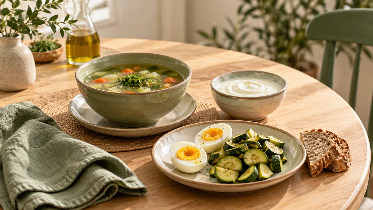 حصص صغيرة من الشوربة واللبن والبيض والخضار المطبوخة