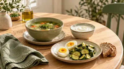 حصص صغيرة من الشوربة واللبن والبيض والخضار المطبوخة