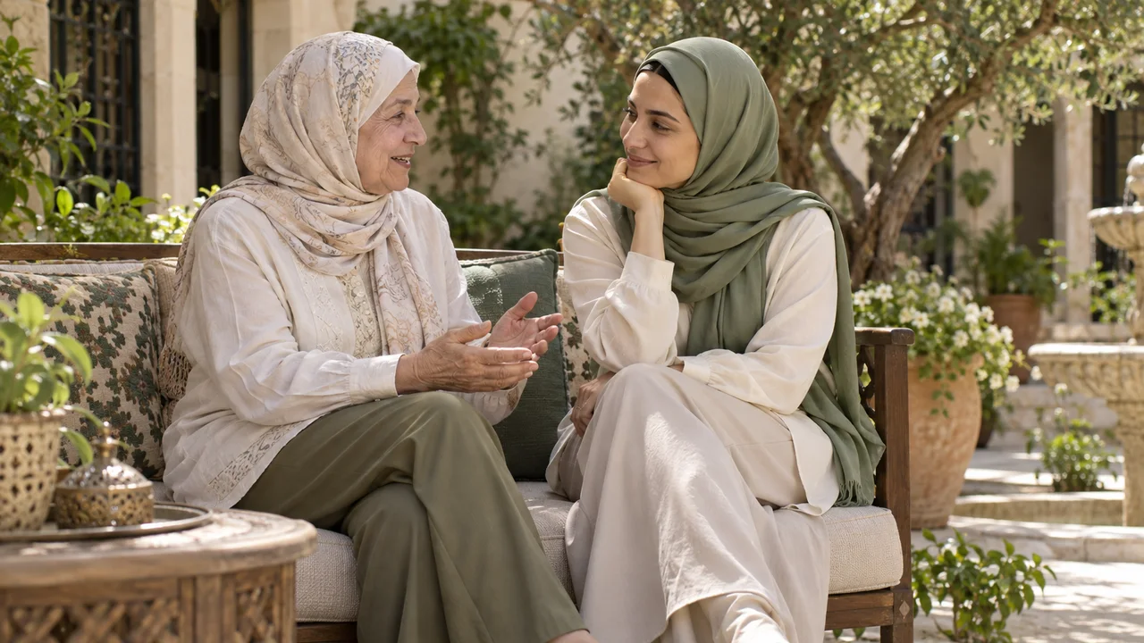 امرأة مسنة وامرأة بالغة تجلسان بملابس محتشمة في حديقة وتتحدثان بهدوء