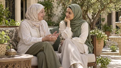 امرأة مسنة وامرأة بالغة تجلسان بملابس محتشمة في حديقة وتتحدثان بهدوء