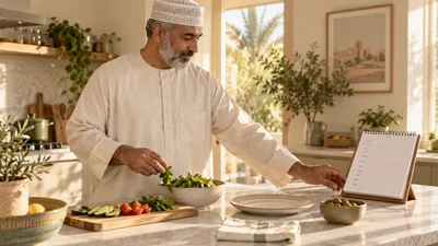 رجل بملابس محتشمة يحضر طعاماً منزلياً وينظر إلى دفتر تنظيم الأسبوع في مطبخ مشمس
