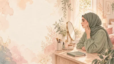 رسم مائي لامرأة عربية محجبة بملابس محتشمة تنظر بهدوء إلى بشرتها أمام مرآة في ضوء صباحي