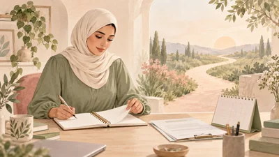 رسم مائي لامرأة عربية محجبة بملابس محتشمة ترتب دفتراً وتقويماً وتقارير فارغة أمام طريق هادئ