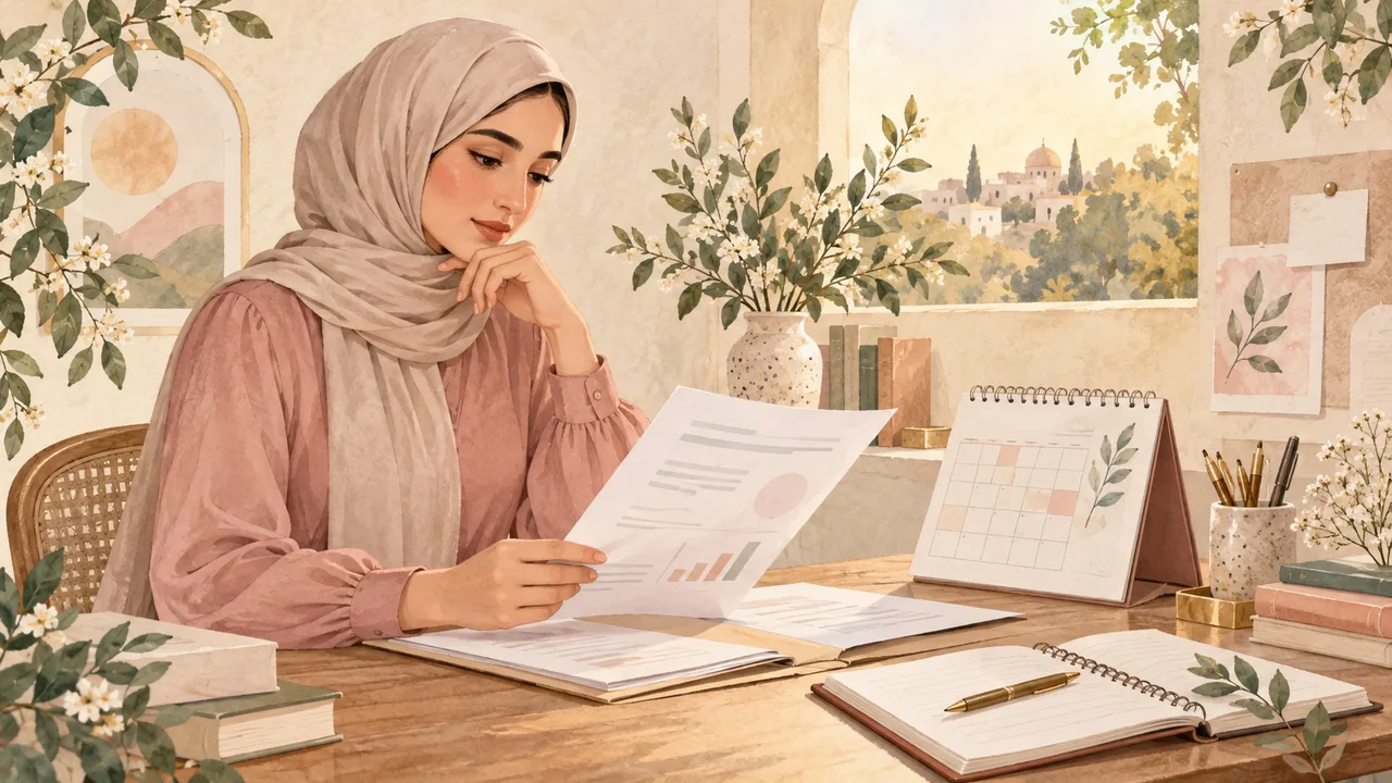 رسم مائي لامرأة محجبة تراجع تقريراً ودفتر أسئلة بجانب تقويم على مكتب بألوان كريمية وزيتونية