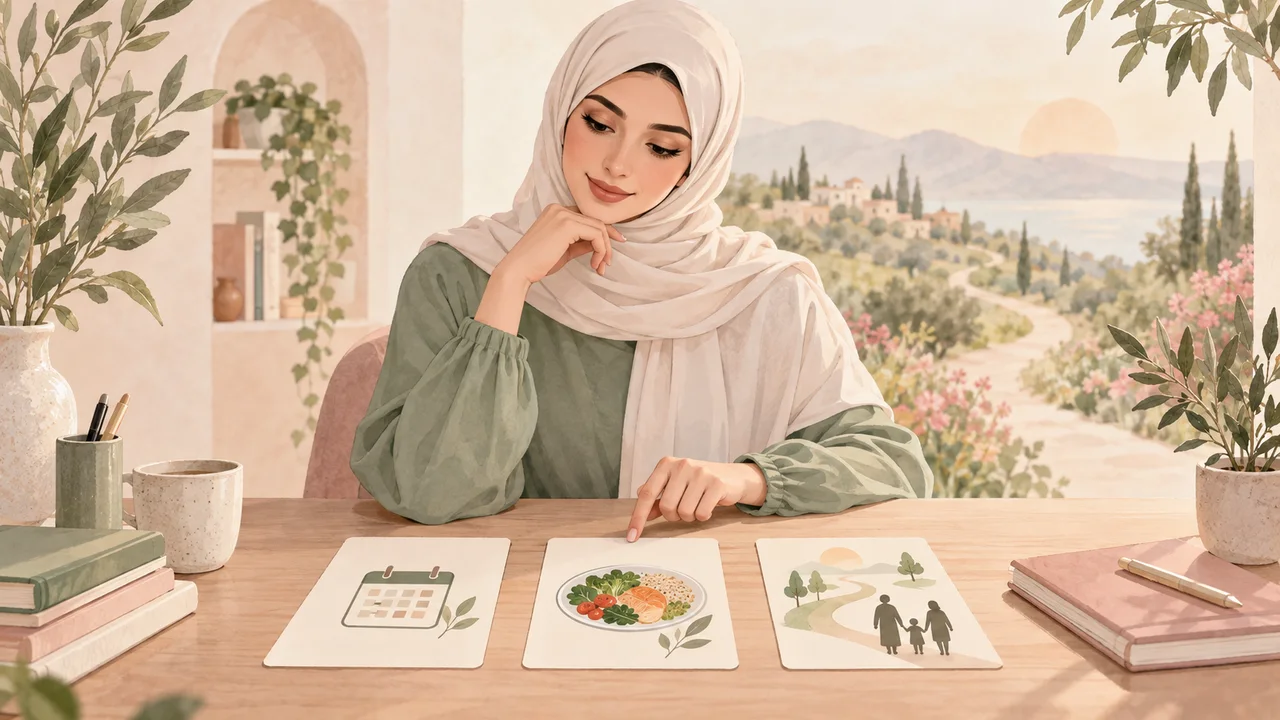 رسم مائي لامرأة عربية محجبة تختار بين بطاقات هدف للدورة والغذاء والأسرة أمام طريق هادئ