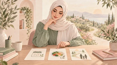 رسم مائي لامرأة عربية محجبة تختار بين بطاقات هدف للدورة والغذاء والأسرة أمام طريق هادئ