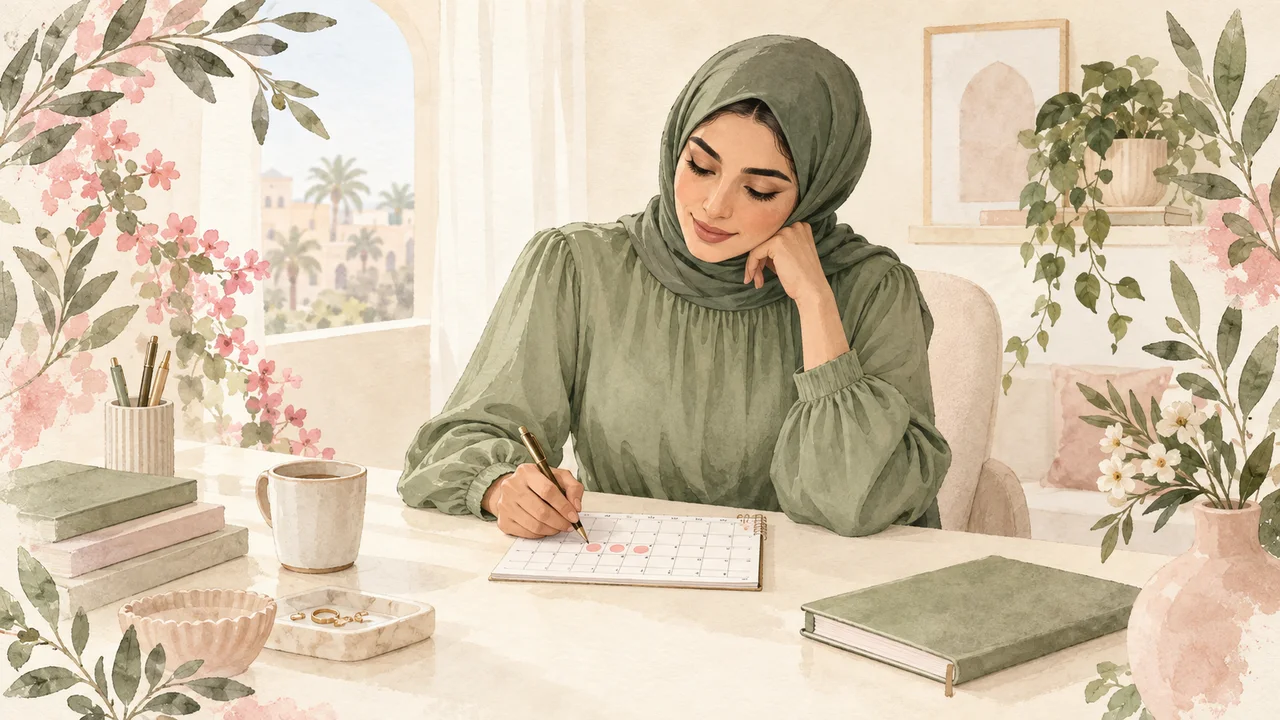 رسم مائي لامرأة بملابس خضراء محتشمة تدون ملاحظات في تقويم ورقي قرب نافذة