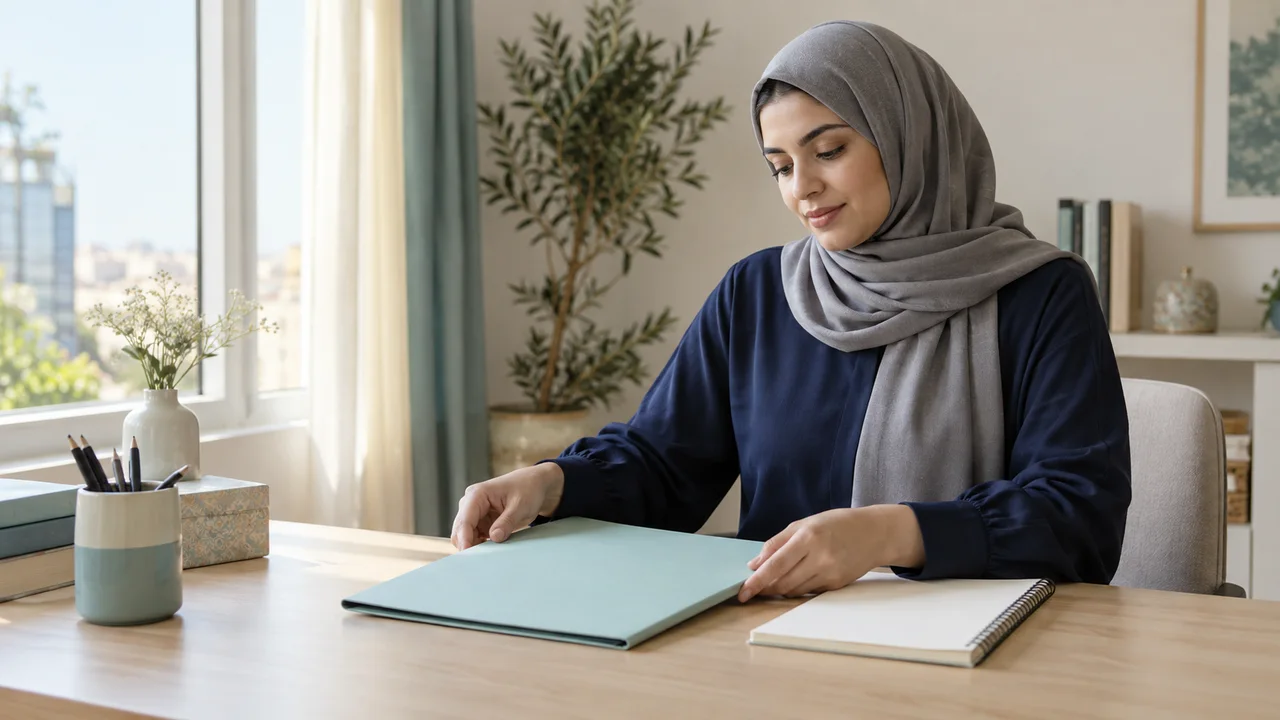 امرأة بملابس محتشمة ترتب ملفاً ودفتراً على مكتب مضاء طبيعياً قرب النافذة