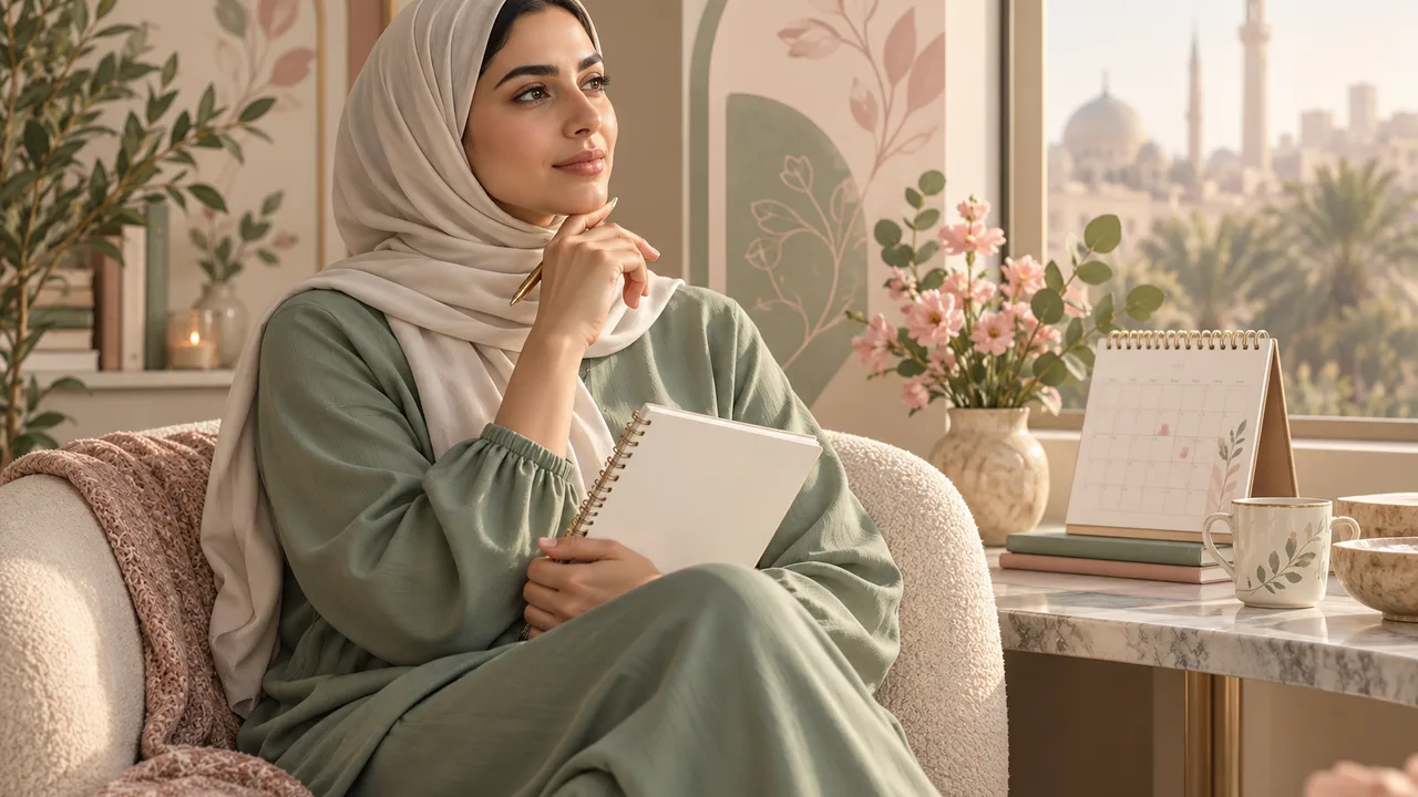 امرأة محجبة تجلس قرب نافذة مضيئة حاملة دفتر ملاحظات وبجوارها تقويم وزهور هادئة