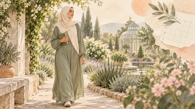 رسم مائي لامرأة محجبة تمشي بهدوء في حديقة وتحمل دفتراً بجوار زخرفة تقويم خالٍ من البيانات